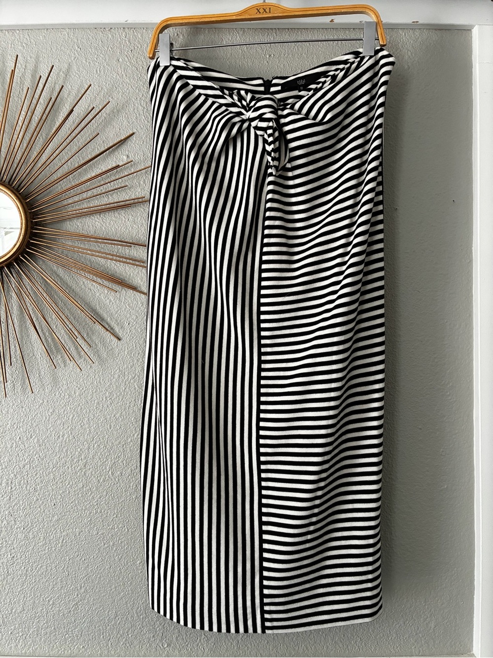 Tibi Black & White Striped Pencil Skirt with Front Tie
